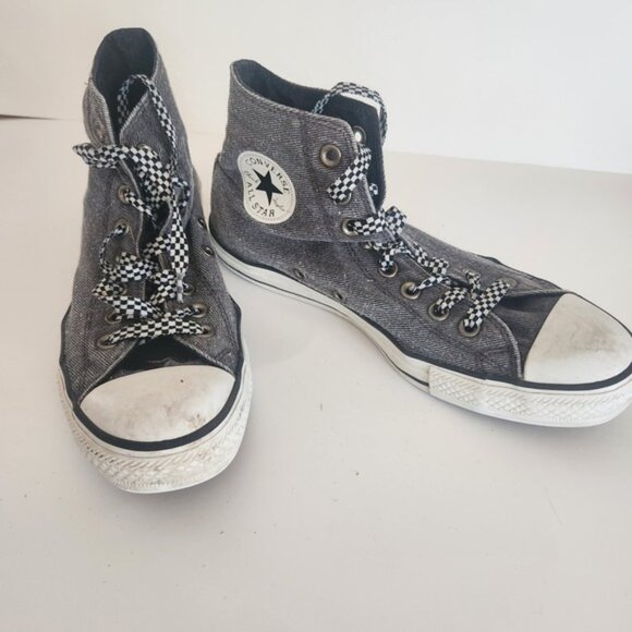 Converse All Star High Top Sneakers Denim Gray Checkerboard Lace Casual - Picture 1 of 4